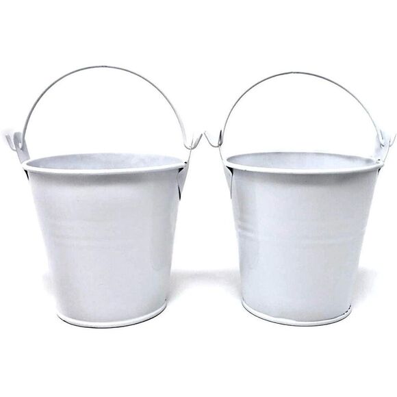 New 6 White Metal Tins Little 2.25”H Buckets w/ Handle Party / Wedding Favor Kit - Picture 10 of 16